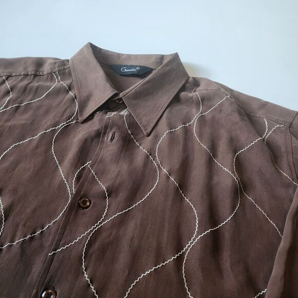 Vintage Genelli Button Shirt Men XL Brown 100 Silk Retro Sopranos 90s Wave Boho - Picture 2 of 11